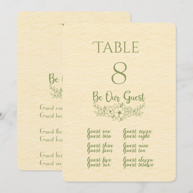 Tarjeta de número de mesa y lugar amarilla y verde (Anverso / Reverso)