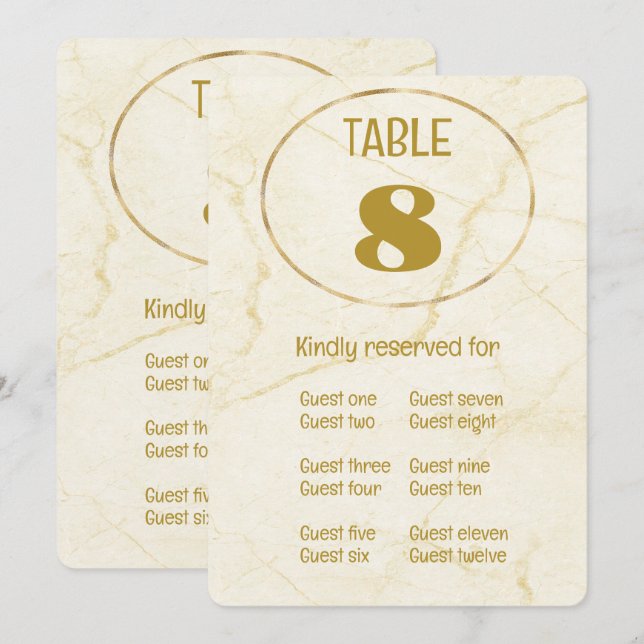 Tarjeta de número de mesa y lugar de mármol dorado (Anverso / Reverso)