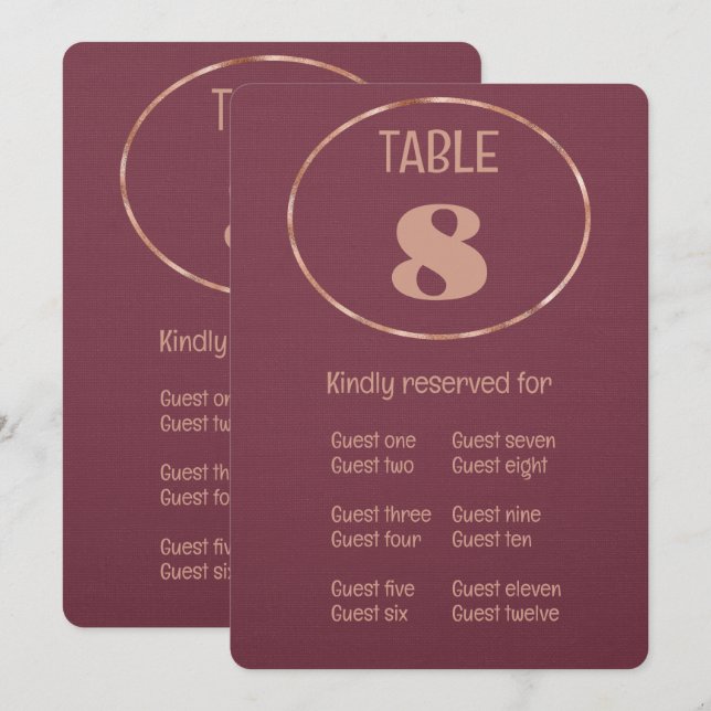 Tarjeta de número de mesa y lugar de oro rosa ciru (Anverso / Reverso)