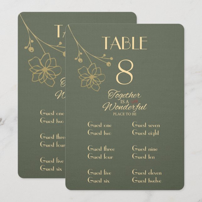 Tarjeta de número de mesa y lugar de oro verde sal (Anverso / Reverso)