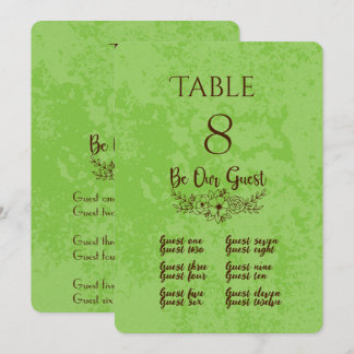 Tarjeta de número de mesa y lugar de pistacho y ch