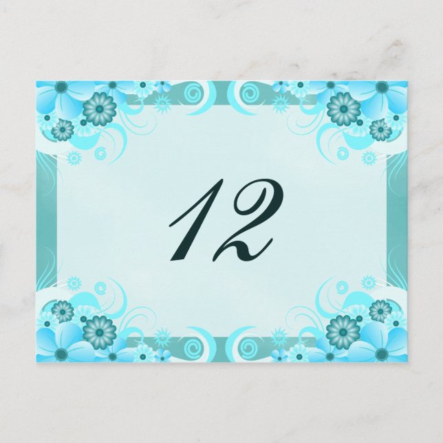 Tarjeta de número de tabla Aqua Blue Hibiscus Boda (Anverso)