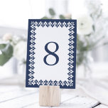 Tarjeta de número de tabla árabe | Armada<br><div class="desc">Las modernas tarjetas de mesa de inspiración marroquí cuentan con un borde geométrico en azul marino y blanco alrededor de tu número de mesa. El diseño se repite al revés. Coordina con nuestra suite de invitados a la boda árabe en la Marina.</div>
