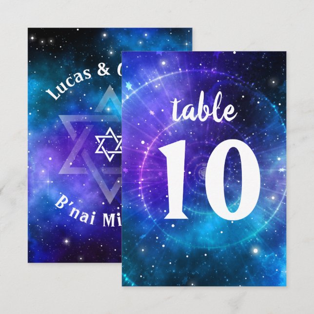 Tarjeta de número de tabla Blue Purple B'nai Mitzv (Anverso / Reverso)