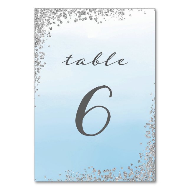 Tarjeta de número de tabla Boda azul y plateado (Anverso)