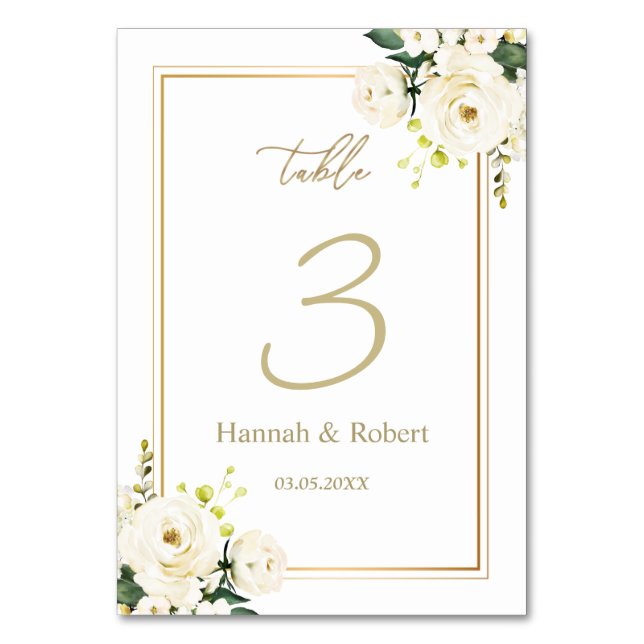 Tarjeta de número de tabla Boda de rosas blancas (Anverso)