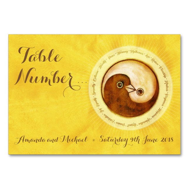 TARJETA DE NÚMERO DE TABLA boda. Palomas de oro Yi (Anverso)