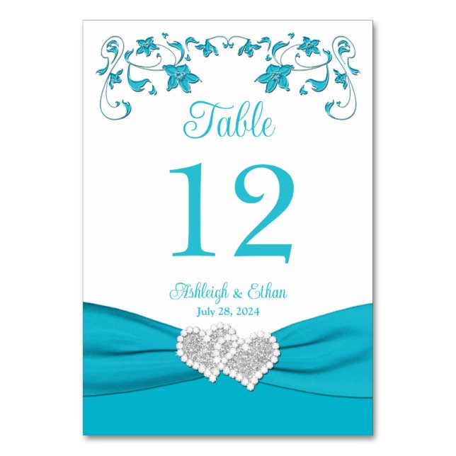 Tarjeta de número de tabla Boda Turquoise Love Hea (Anverso)