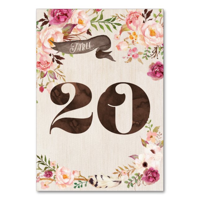 Tarjeta de número de tabla Boho Floral Rustic Boda (Anverso)
