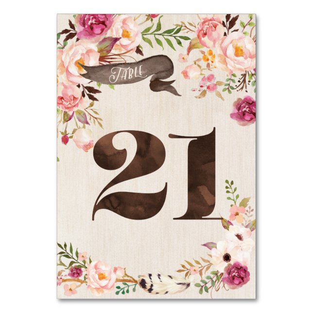 Tarjeta de número de tabla Boho Floral Rustic Boda (Anverso)