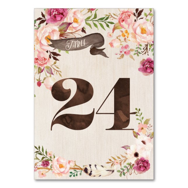 Tarjeta de número de tabla Boho Floral Rustic Boda (Anverso)