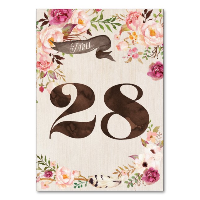 Tarjeta de número de tabla Boho Floral Rustic Boda (Anverso)