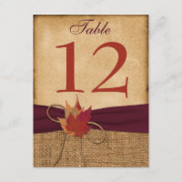 Tarjeta de número de tabla Burlap de las hojas de 