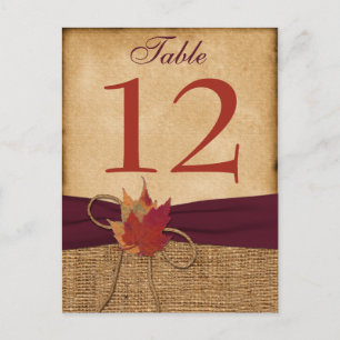 Tarjeta de número de tabla Burlap de las hojas de 