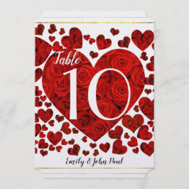Tarjeta de número de tabla de Boda de corazón rojo