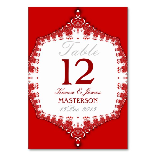 Tarjeta de número de tabla de Boda de encaje rojo  (Anverso)