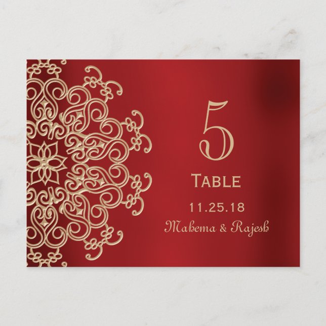 TARJETA DE NÚMERO DE TABLA DE BODA DE LA INDIA ROJ (Anverso)