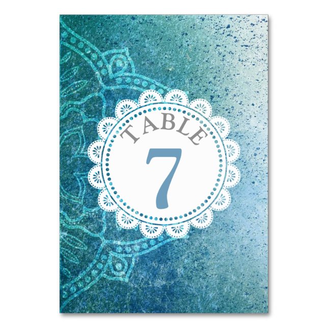 Tarjeta de número de tabla de Boda de Mandala azul (Anverso)