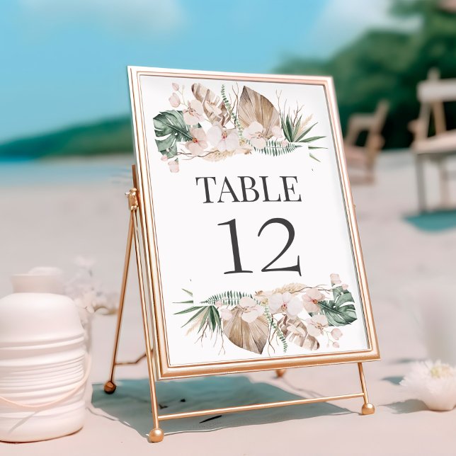 Tarjeta de número de tabla de Boda de orquídeas tr (Tropical Orchid Wedding Table Number Card on a sunny beach)