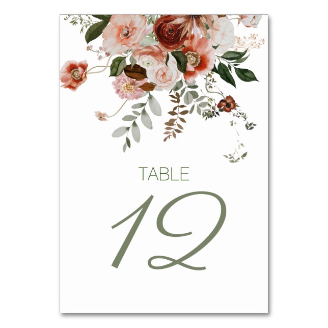 Tarjeta de número de tabla de Boda floral de acuar (Anverso)
