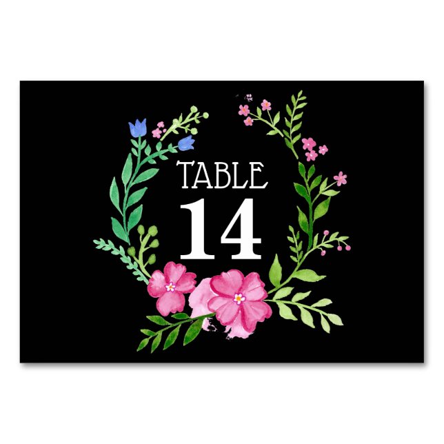 Tarjeta de número de tabla de Boda floral negro (Anverso)
