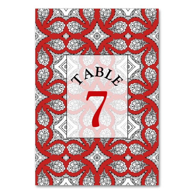 Tarjeta de número de tabla de Boda rojo, negro y b (Anverso)