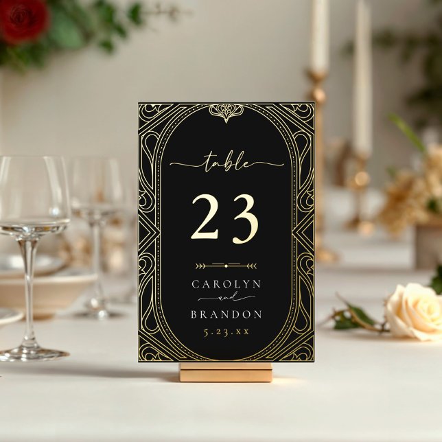 Tarjeta de número de tabla de Bodas de origen dora (Black and gold real foil wedding table number art deco vintage frame)