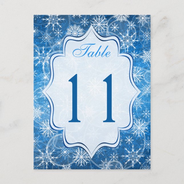 Tarjeta de número de tabla de copos de nieve azule (Anverso)