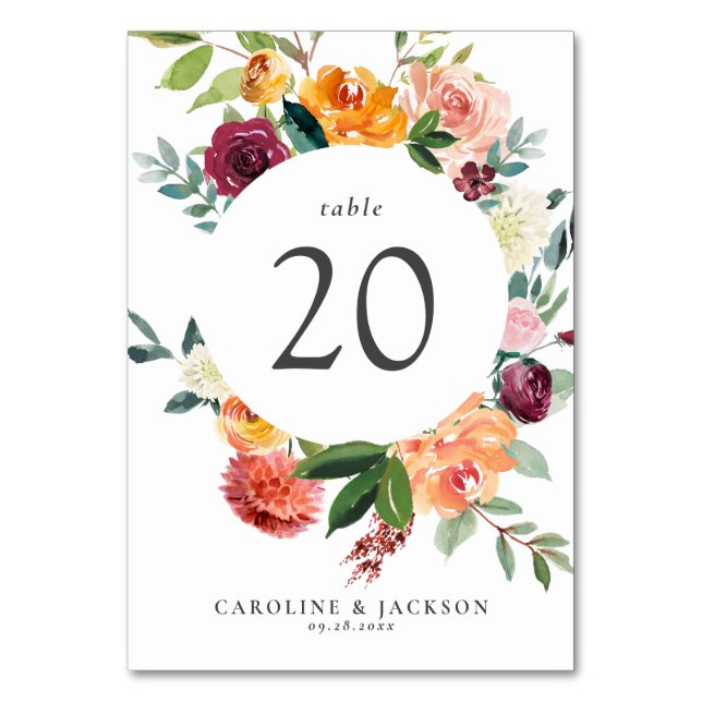 Tarjeta de número de tabla de flores de otoño para (Anverso)