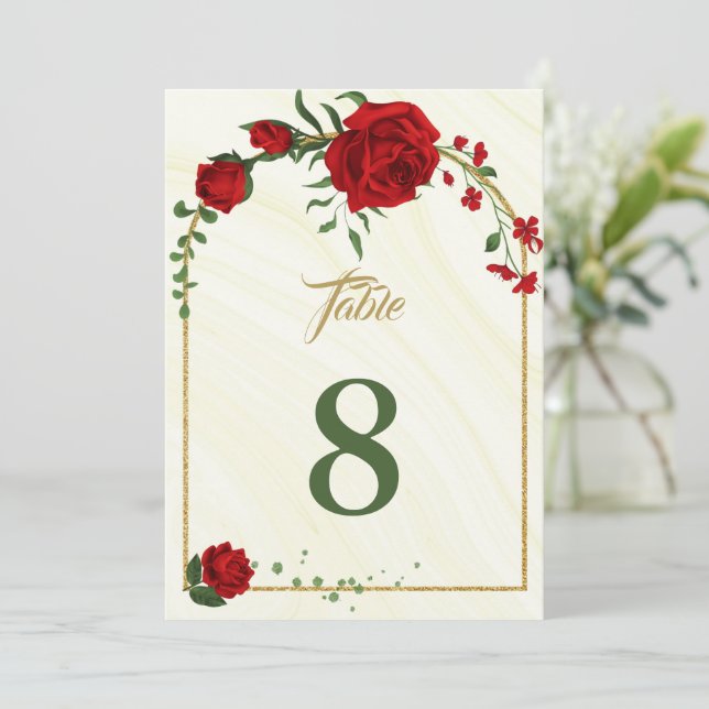 tarjeta de número de tabla de flores rojas verde (Anverso de pie)