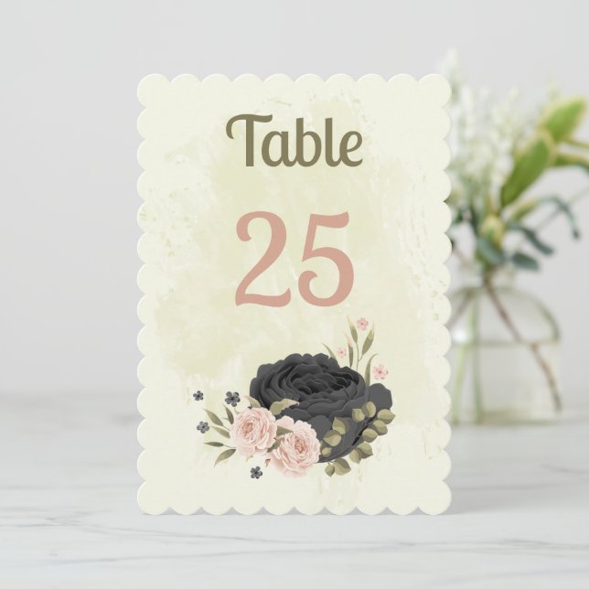tarjeta de número de tabla de flores rosadas negra (Anverso de pie)