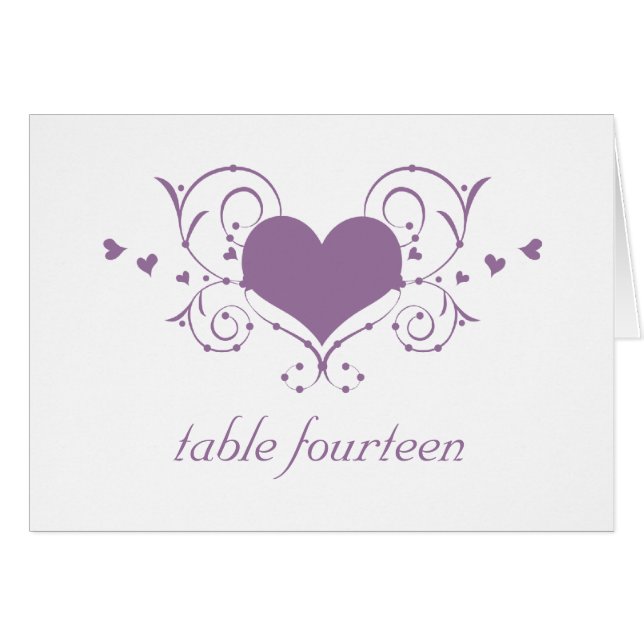 Tarjeta de número de tabla de Heart Flourish, púrp (Anverso (Horizontal))