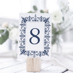 Tarjeta de número de tabla de Marrakesh | Armada<br><div class="desc">Las modernas tarjetas de mesa de inspiración marroquí cuentan con un borde geométrico en azul marino y blanco alrededor de tu número de mesa. El diseño se repite al revés. Coordina con nuestra suite nupcial de Marrakech en Marina.</div>