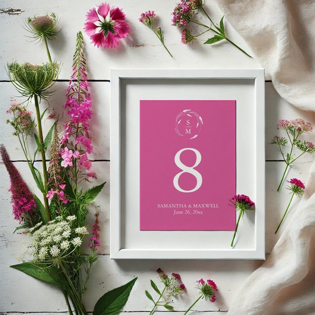 Tarjeta de número de tabla de monograma rosa vibra (Vibrant pink table number card with wildflower line art by Victoria Grigaliunas)