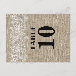 Tarjeta de número de tabla de yute y encaje rústic