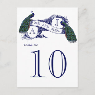 Tarjeta de número de tabla del Boda de pavo real a
