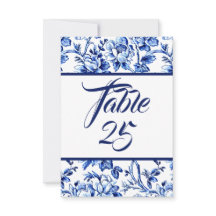 Tarjeta de número de tabla Floral azul y blanca