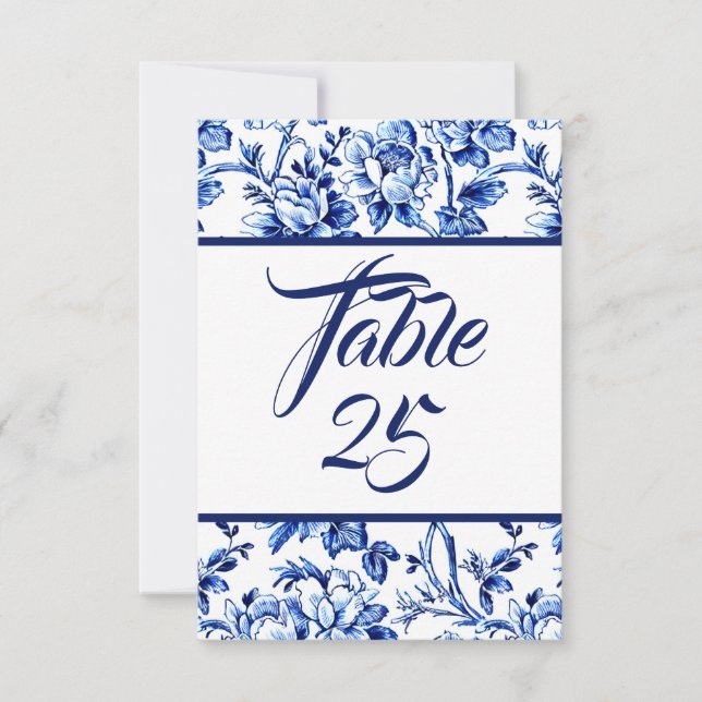 Tarjeta de número de tabla Floral azul y blanca (Anverso)
