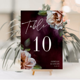 Tarjeta de número de tabla floral negra y morbosa
