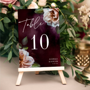 Tarjeta de número de tabla floral negra y morbosa