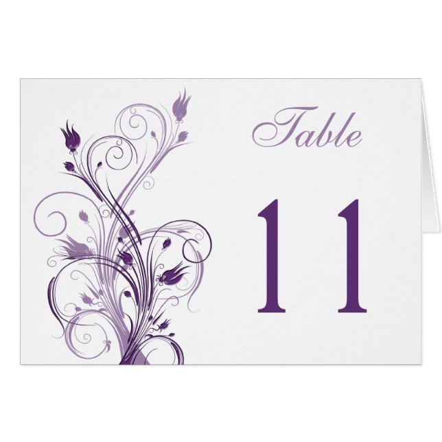 Tarjeta de número de tabla floral púrpura y blanca (Anverso (Horizontal))