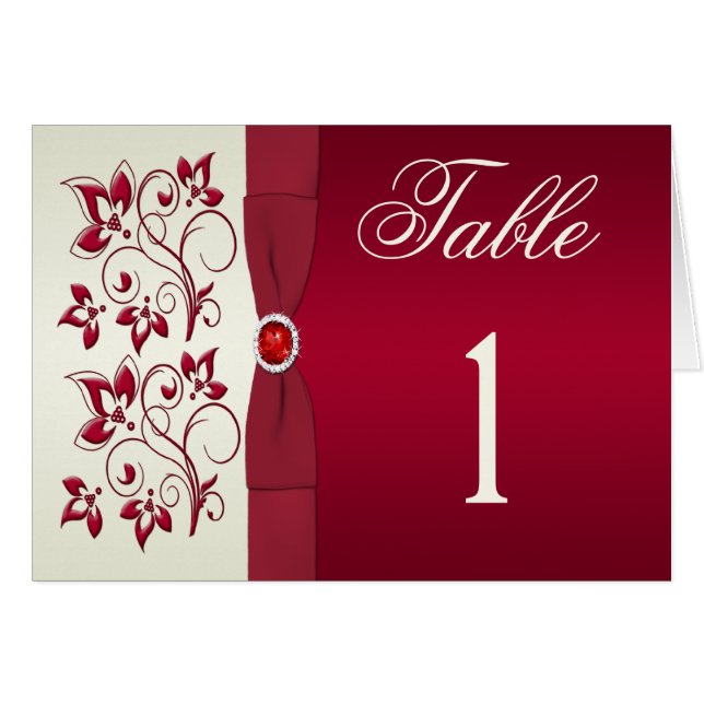 Tarjeta de número de tabla floral roja y marfil (Anverso (Horizontal))