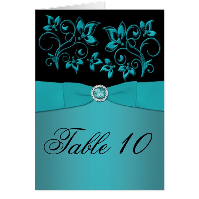 Tarjeta de número de tabla floral verde azulada y  (Frente)