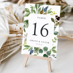 Tarjeta de número de tabla personalizada Eucalyptu<br><div class="desc">Las tarjetas de número de la tabla de moda de jardín cuentan con un borde de hojas de color agua verde y hojas de eucalipto, enmarcando el número de la mesa en ricas fuera de negro. Personalice con sus nombres y fecha de boda, o asigne un nombre a cada mesa...</div>