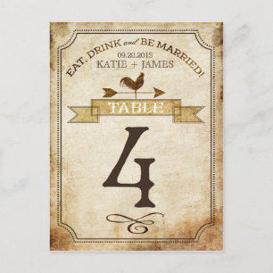 Tarjeta de número de tabla rústica de gallo de épo