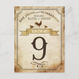Tarjeta de número de tabla rústica de gallo de épo