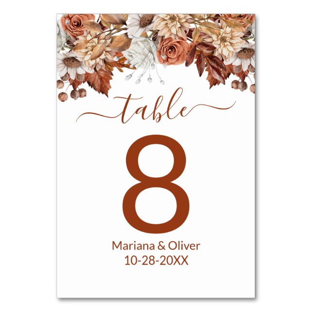 Tarjeta de números de mesa de floración de otoño (Anverso)