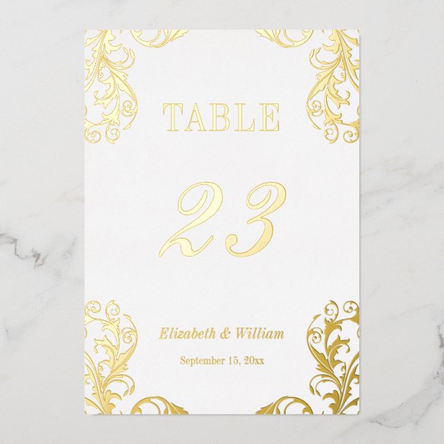 Tarjeta de Números de Mesa Foil Damask 5x7 (Anverso)