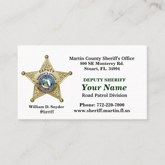 Tarjeta de oficina de Martin County Sheriff. (Anverso)