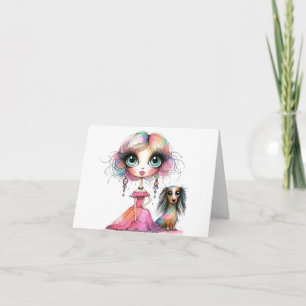 Tarjeta de ojos grandes dachshund caprichoso y niñ